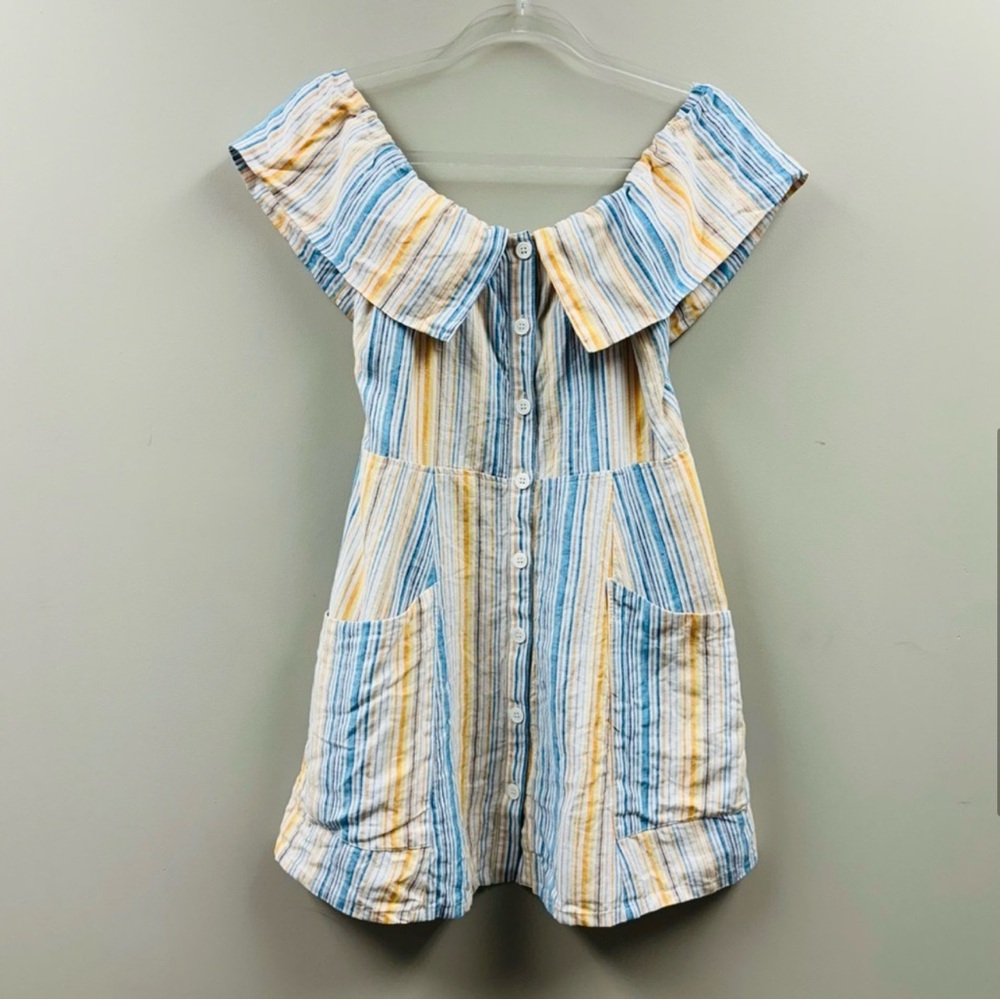 Reformation Striped Off-Shoulder Button-Front Summer Dress in Blue & Yellow